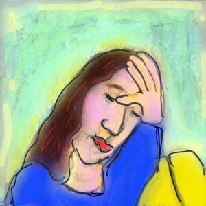 Frau hält Kopf, gemalt