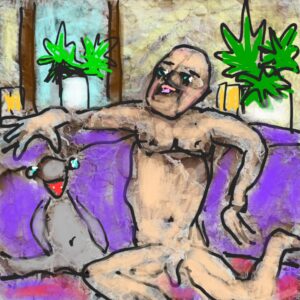 Mann mit Kuscheltier auf Coach, gemalt