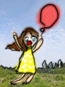 bemaltes Foto, Mädchen mit Luftballon und roter Nase