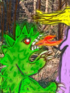feuerspeiender Drache jagt Prinzessin, bemaltes Foto