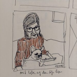 Frau mit Hund, gezeichnet