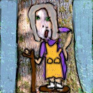 alte Frau am Stock, gemalt