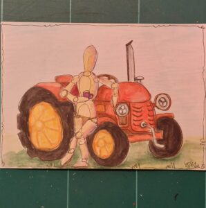 Zeichnung einer Gliederpuppe mit Traktor