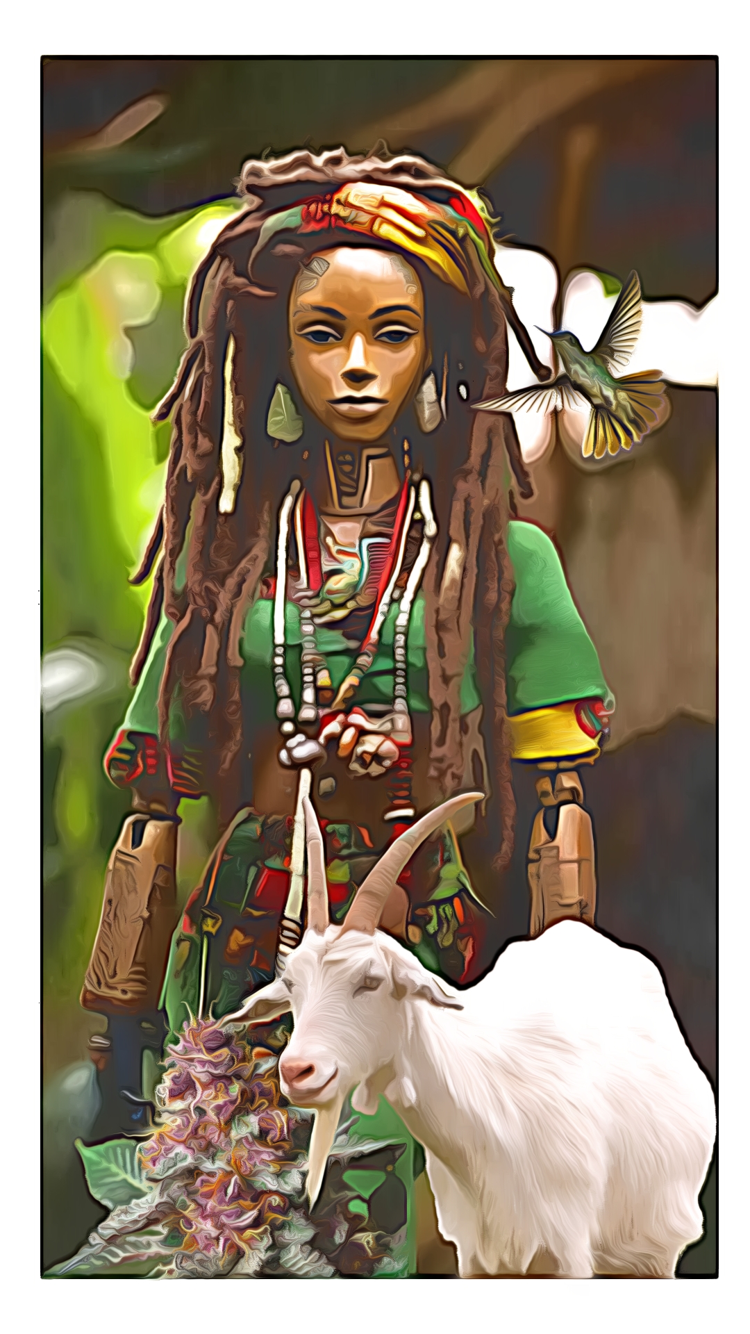 Holzfigur in traditioneller jamaikanischer Kleidung mit einer Ziege und einem Kolibri im Dschungel.