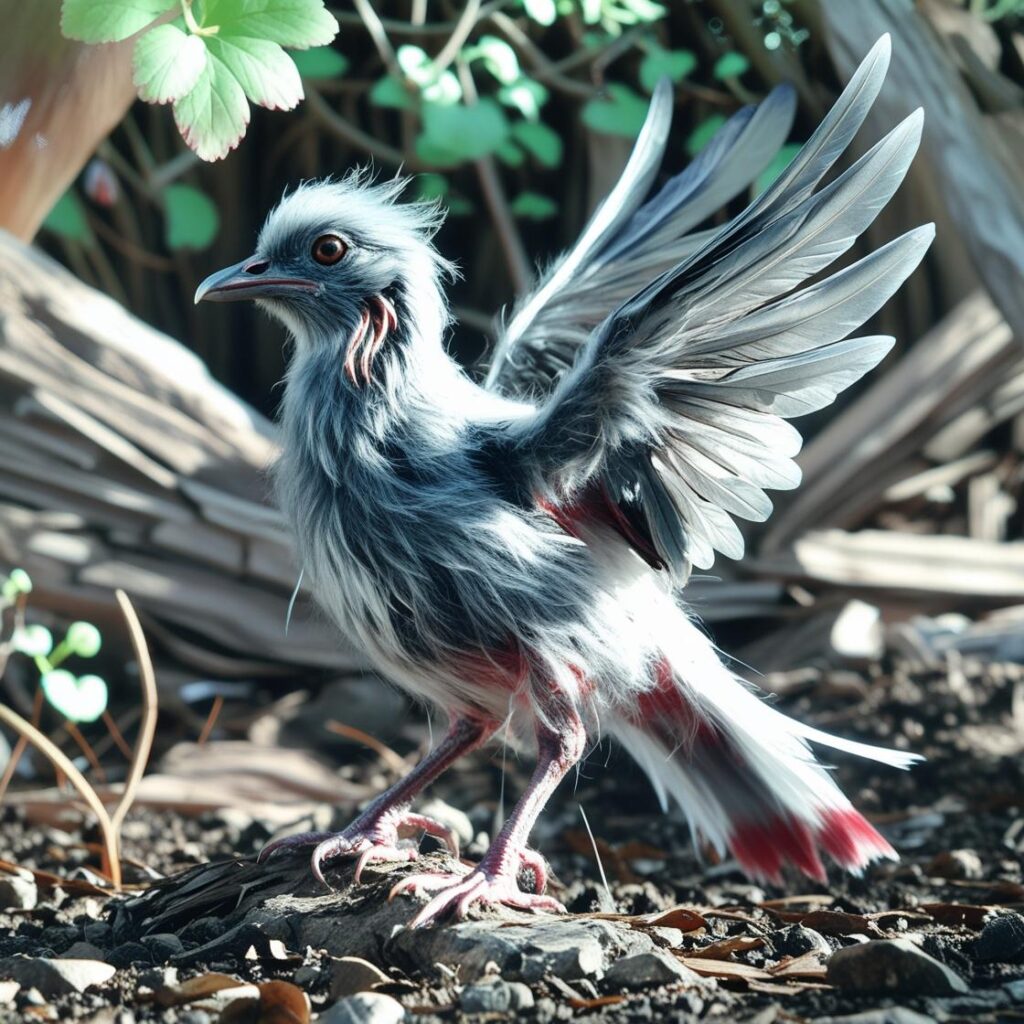 Der digital wiedererschaffene Vogel steht mit ausgebreiteten Flügeln auf dem Boden. Sein Gefieder ist grau, schwarz und rot gefärbt. Er wirkt lebendig, in Bewegung, als würde er gleich auffliegen. Um ihn herum sind Äste und Blätter.