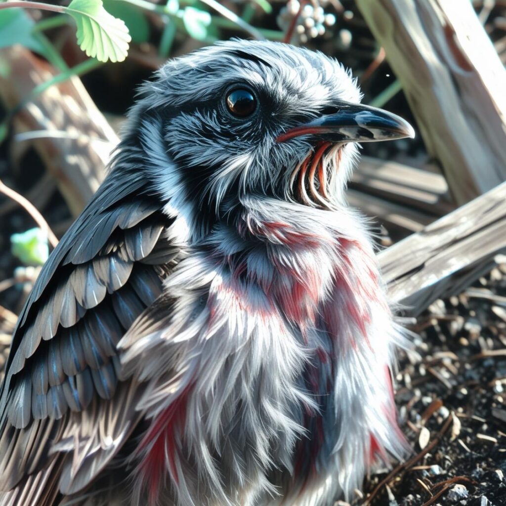 Ein kleiner Vogel mit leuchtend schwarzem Auge, feinem Schnabel und detailliertem Federkleid sitzt auf dem Waldboden. Das Gefieder ist grau mit schwarzen und roten Akzenten. Der Blick ist lebendig und wach, die Szene wirkt ruhig und fast andächtig.
