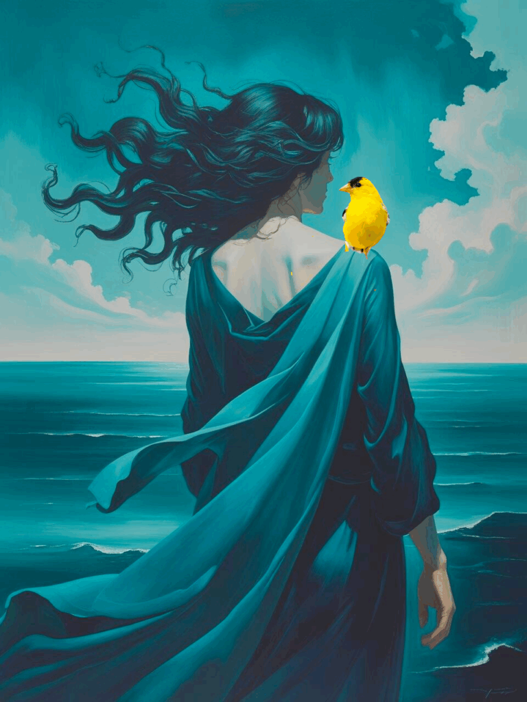 Frau in cyanfarbenem Kleid mit gelbem Vogel auf der Schulter steht an einem ruhigen Meer. Die Szene wirkt still, verträumt und symbolisiert Weite, Sehnsucht und Aufbruch.