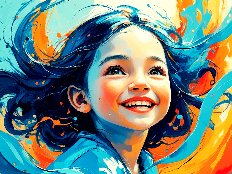 Lachendes Kind mit dunklem Haar in cyanfarbener Kleidung, umgeben von lebendigen Farbwirbeln in Cyan, Orange und Gelb. Das Porträt vermittelt Lebensfreude, Leichtigkeit und eine strahlende, verspielte Energie.