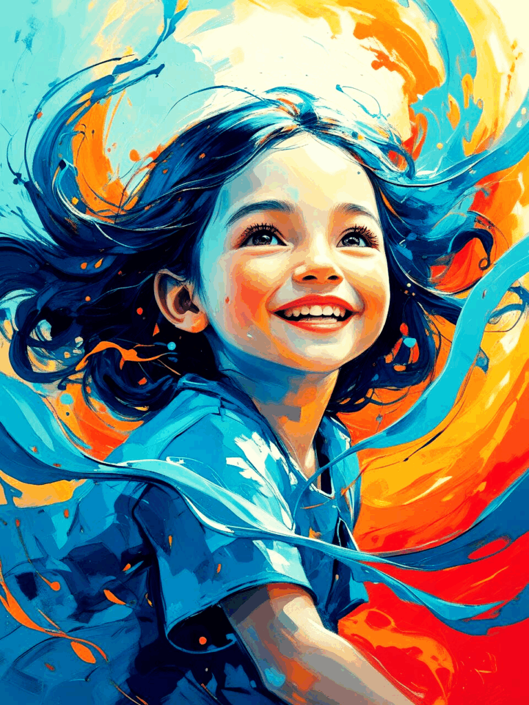 Lachendes Kind mit dunklem Haar in cyanfarbener Kleidung, umgeben von lebendigen Farbwirbeln in Cyan, Orange und Gelb. Das Porträt vermittelt Lebensfreude, Leichtigkeit und eine strahlende, verspielte Energie.