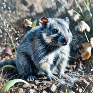 Eine kleine Maus mit glänzendem, grau-braun gestreiftem Fell sitzt lebendig auf Waldboden zwischen Laub und Pflanzen. Ihr Blick ist wach, die Schnurrhaare lang, das Ohr steht aufrecht. Die Szene ist hell, fast märchenhaft, und zeigt die Maus wie wieder zum Leben erwacht.