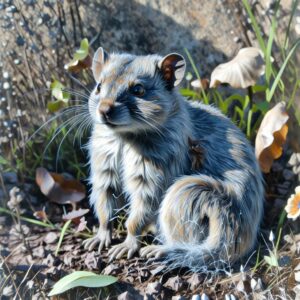 Eine kleine Maus mit glänzendem, grau-braun gestreiftem Fell sitzt lebendig auf Waldboden zwischen Laub und Pflanzen. Ihr Blick ist wach, die Schnurrhaare lang, das Ohr steht aufrecht. Die Szene ist hell, fast märchenhaft, und zeigt die Maus wie wieder zum Leben erwacht.