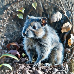 Eine kleine Maus mit glänzendem, grau-braun gestreiftem Fell sitzt lebendig auf Waldboden zwischen Laub und Pflanzen. Ihr Blick ist wach, die Schnurrhaare lang, das Ohr steht aufrecht. Die Szene ist hell, fast märchenhaft, und zeigt die Maus wie wieder zum Leben erwacht.
