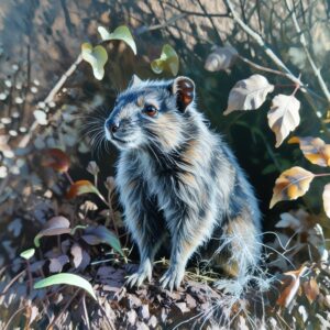 Eine kleine Maus mit glänzendem, grau-braun gestreiftem Fell sitzt lebendig auf Waldboden zwischen Laub und Pflanzen. Ihr Blick ist wach, die Schnurrhaare lang, das Ohr steht aufrecht. Die Szene ist hell, fast märchenhaft, und zeigt die Maus wie wieder zum Leben erwacht.