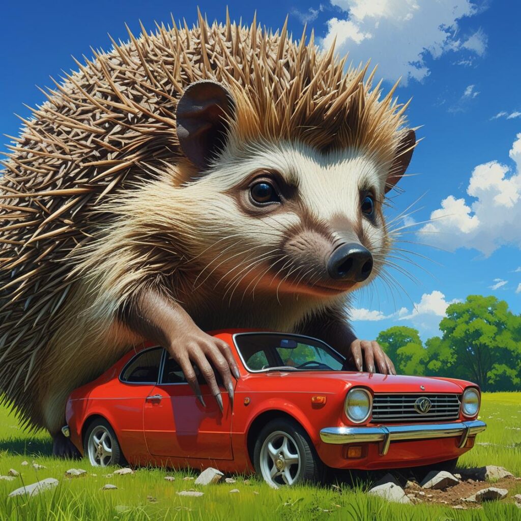Ein digital generierter, überdimensional großer Igel drückt mit seinen Vorderpfoten ein kleines rotes Auto nieder. Die Szene spielt auf einer grünen Wiese unter blauem Himmel. Das Bild wirkt wie eine Mischung aus Comic, Fantasiewesen und Symbolbild für Vergeltung oder Umkehr der Kräfteverhältnisse.