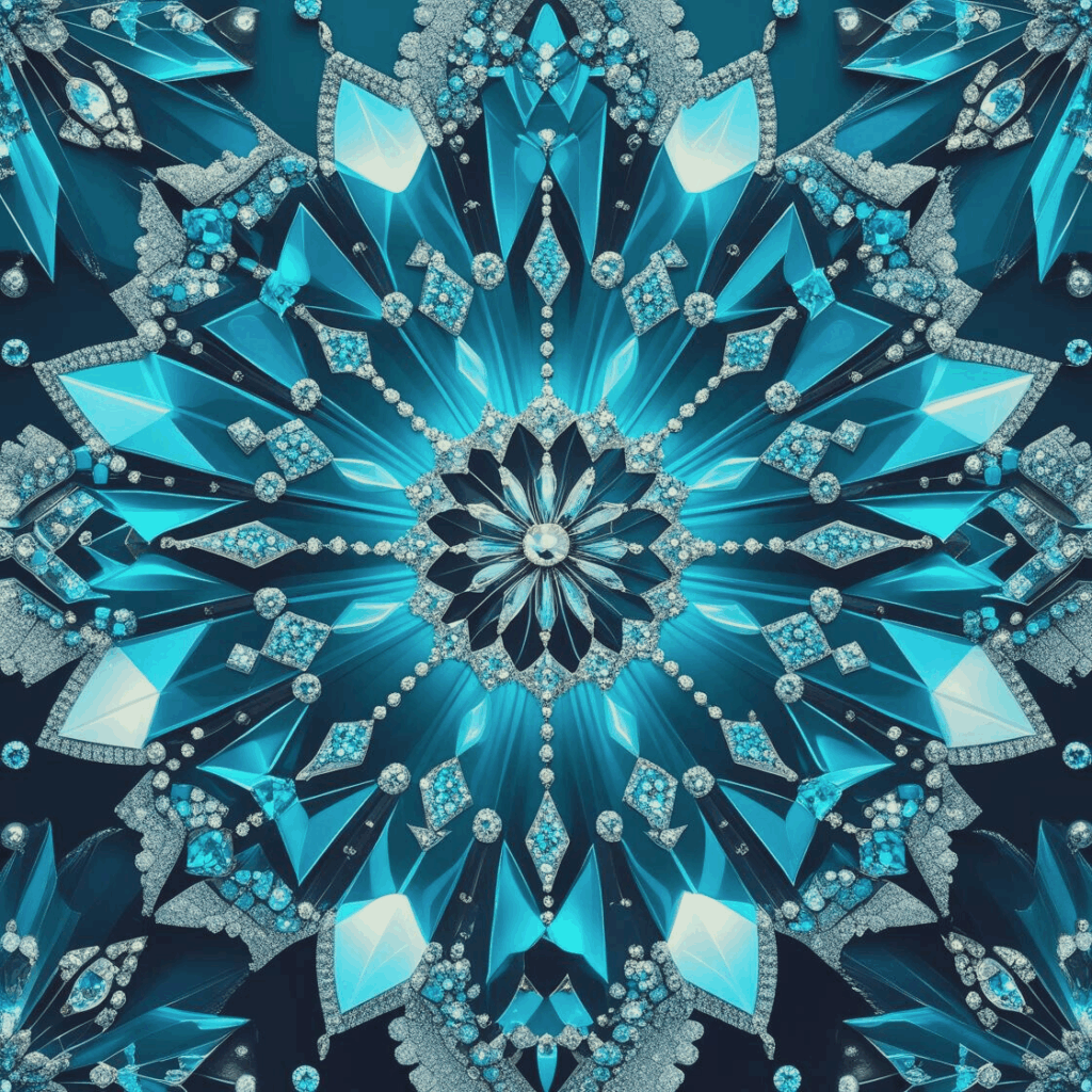 Symmetrisches Mandala mit kristallartiger Struktur in Cyan- und Türkistönen, das sternförmig von einer zentralen Blüte ausgeht. Das Bild wirkt energetisch, klar und strahlend.