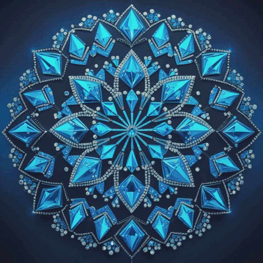 Rundes Mandala in Cyan mit Lotus- und Diamantformen, kreisförmig aufgebaut. Die Komposition wirkt ruhig, schützend und meditativ.