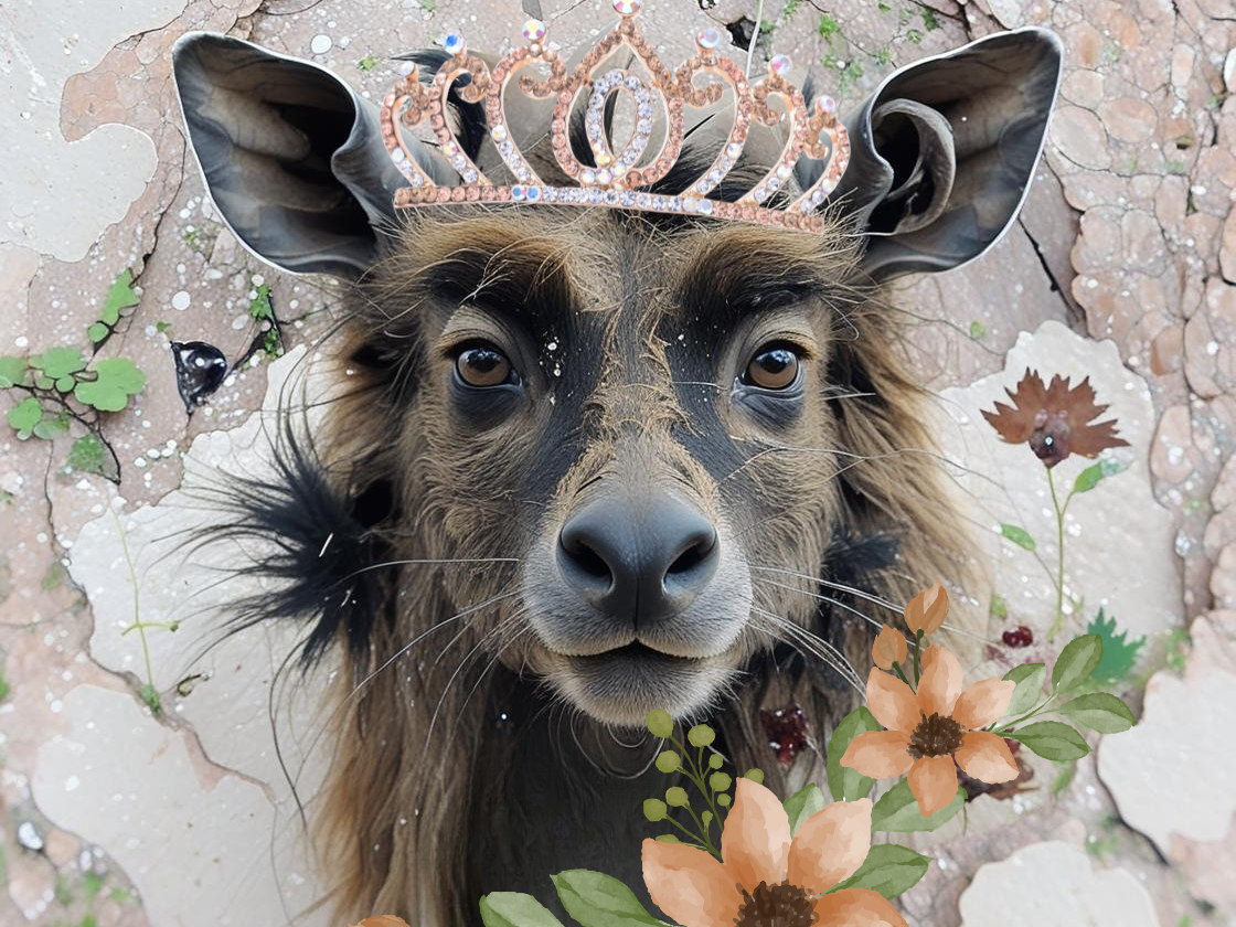 Fantasievolles Tierwesen mit rehähnlichem Gesicht, großen Ohren und langem, braun-schwarzem Fell blickt ernst in die Kamera. Auf dem Kopf sitzt eine glitzernde Krone. Im Hintergrund: brüchige Wand mit floralen Elementen.