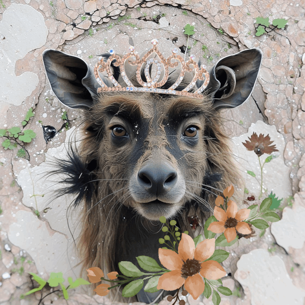 Fantasievolles Tierwesen mit rehähnlichem Gesicht, großen Ohren und langem, braun-schwarzem Fell blickt ernst in die Kamera. Auf dem Kopf sitzt eine glitzernde Krone. Im Hintergrund: brüchige Wand mit floralen Elementen.