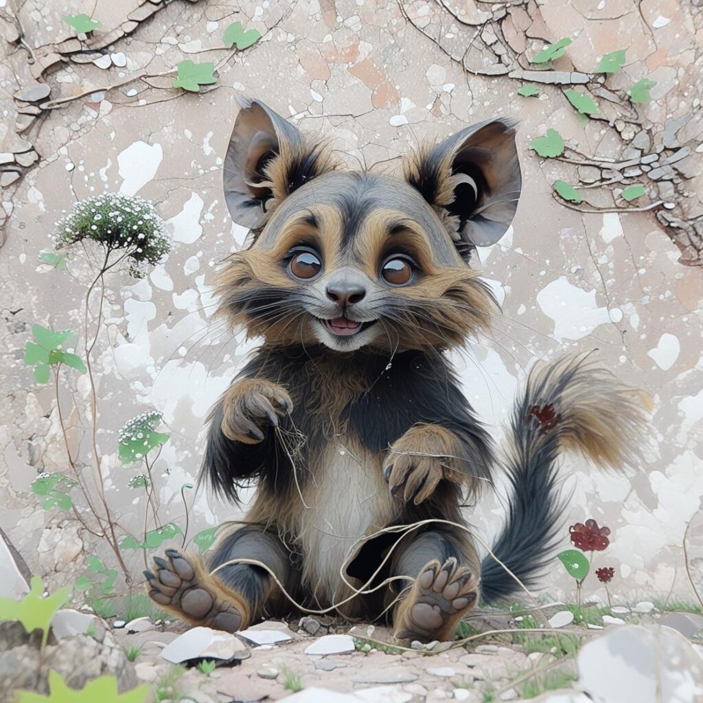 Cartoonartiges, verspieltes Tierwesen mit wuscheligem braun-schwarzem Fell, großen Ohren und fröhlichem Gesicht sitzt vor einer gemusterten Wand. Es hebt beide Vorderpfoten, als wolle es winken oder spielen. Der Ausdruck ist lebendig und kindlich-heiter.