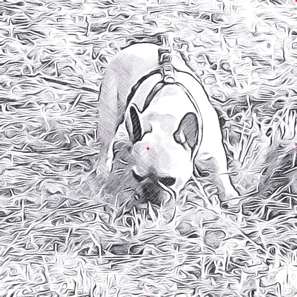 Ein kleiner Hund mit Geschirr schnüffelt im hohen Gras, der Kopf gesenkt, das Fell kurz – alles in skizzenhafter Linienzeichnung.