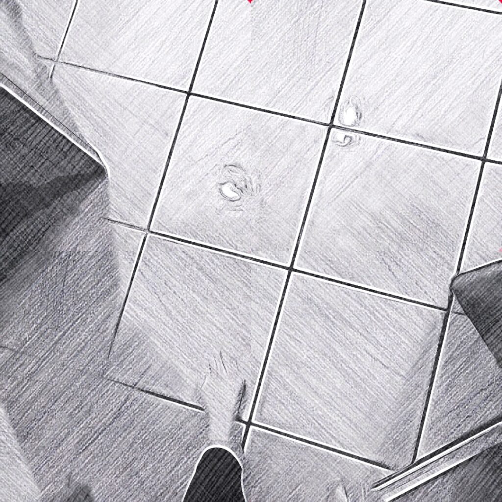 Blick nach unten auf frisch geputzte Fliesen, zwei nackte Füße im unteren Bildrand – Momentaufnahme beim Verlassen des Badezimmers.