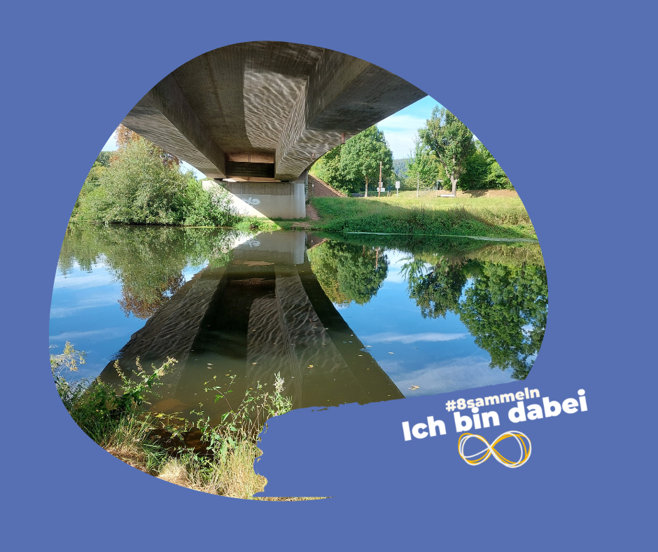 Foto einer Brücke über die Fulda mit klarer Spiegelung im Wasser, eingefasst in eine runde Form auf blauem Hintergrund. Unten rechts steht in weißer Schrift: „#8sammeln – Ich bin dabei“, darunter ein gelbes Unendlichkeitszeichen als Symbol der Aktion.