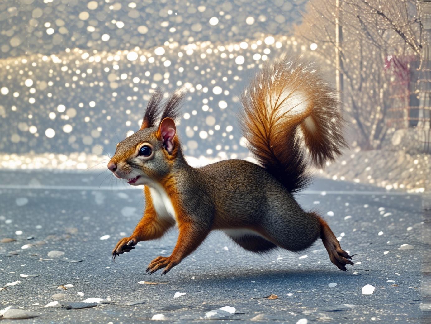 Lebendiges Eichhörnchen mit flauschigem Schwanz rennt dynamisch über eine schimmernde Straße. Die Szene wirkt hell, hoffnungsvoll, fast magisch.