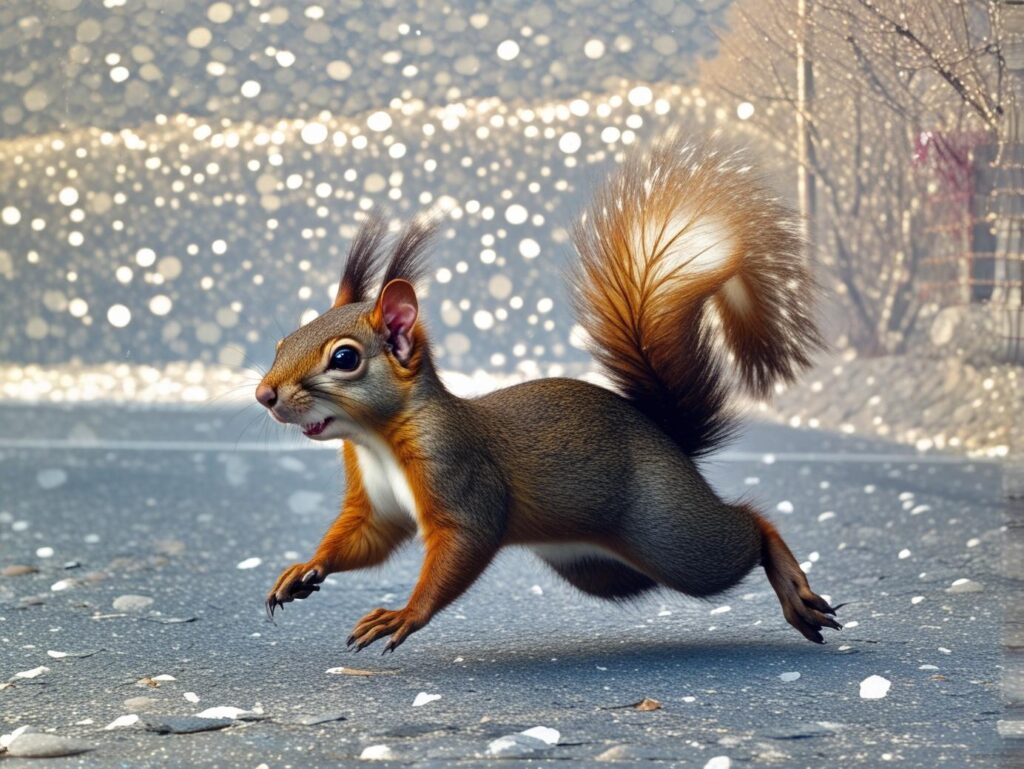 Lebendiges Eichhörnchen mit flauschigem Schwanz rennt dynamisch über eine schimmernde Straße. Die Szene wirkt hell, hoffnungsvoll, fast magisch.