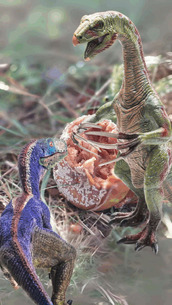 Zwei Dinosaurier stehen vor einem verfallenen Apfel im Gras, als hätten sie eine urzeitliche Entdeckung gemacht.