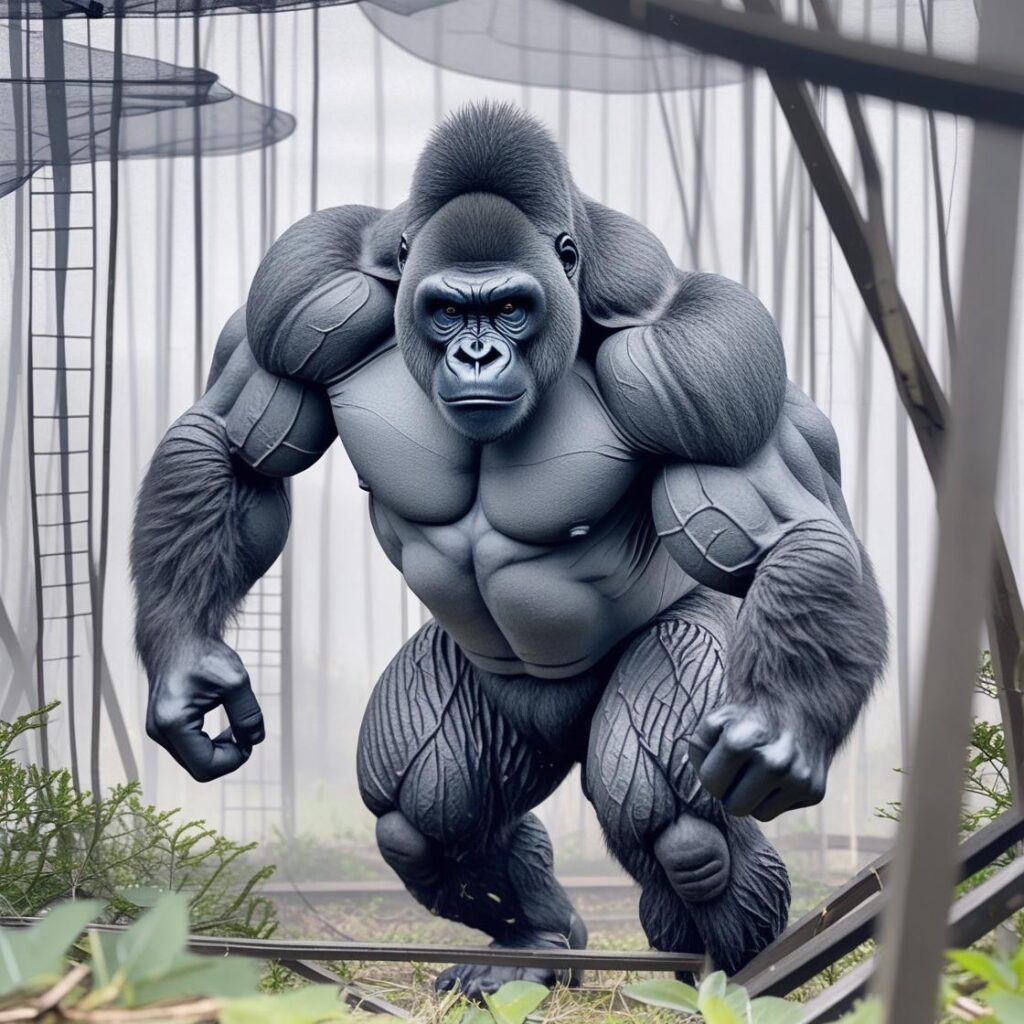 Ein überlebensgroßer Gorilla mit muskulösem Körper tritt aus einem nebelverhangenen, stilisierten Raum mit Pflanzen und metallischen Strukturen. Sein Blick ist eindringlich, seine Haltung kraftvoll und entschlossen – als hätte er sich aus einem inneren oder äußeren Gefängnis befreit.