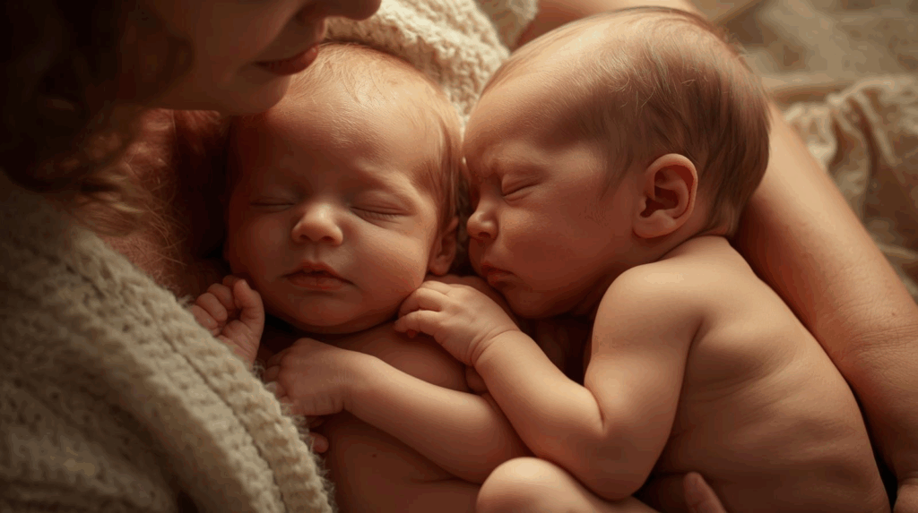 Zwei schlafende Neugeborene liegen eng aneinandergekuschelt im Arm einer Mutter. Ihre Haut ist weich und rosig, das Licht warm und apricotfarben.