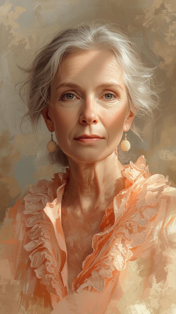 Reife Frau mit silbergrauem Haar, trägt apricotfarbene Rüschen und goldene Ohrringe. Ihr Blick ist ruhig und klar.
