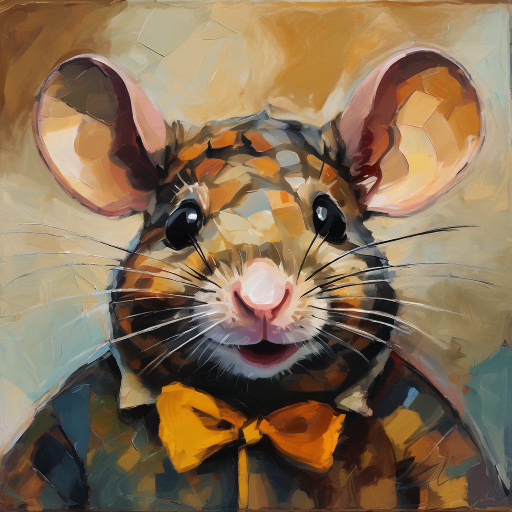 Eine Maus mit glänzenden Augen und goldbraunem Fell trägt eine gelbe Schleife und blickt fröhlich in die Welt.