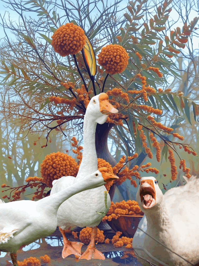 KI-Collage: Drei weiße Gänse stehen vor einem Sanddornbaum voller orangefarbener Beeren. Eine Gans schreit laut, während die anderen neugierig umherblicken.