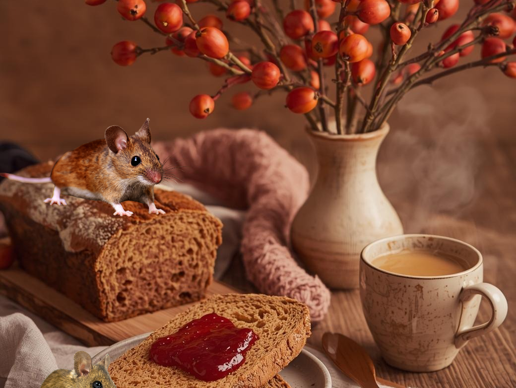 Ein Stillleben mit Hagebuttenzweigen in einer Vase, frischem Brot mit Marmelade und einer Tasse Kaffee. Drei Mäuse beleben die Szene.
