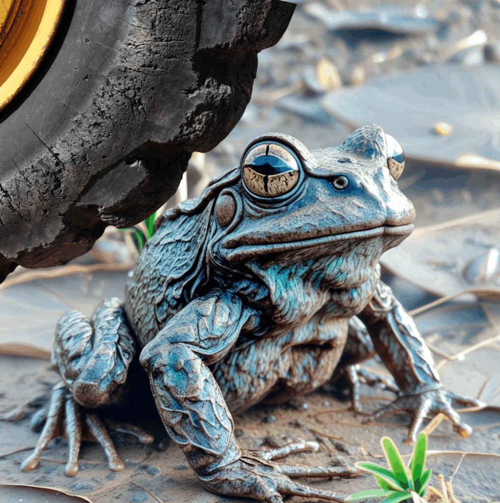 Digital erstelltes Bild eines metallisch wirkenden Frosches mit großen Augen, der einem heranrollenden Traktorreifen hinter sich