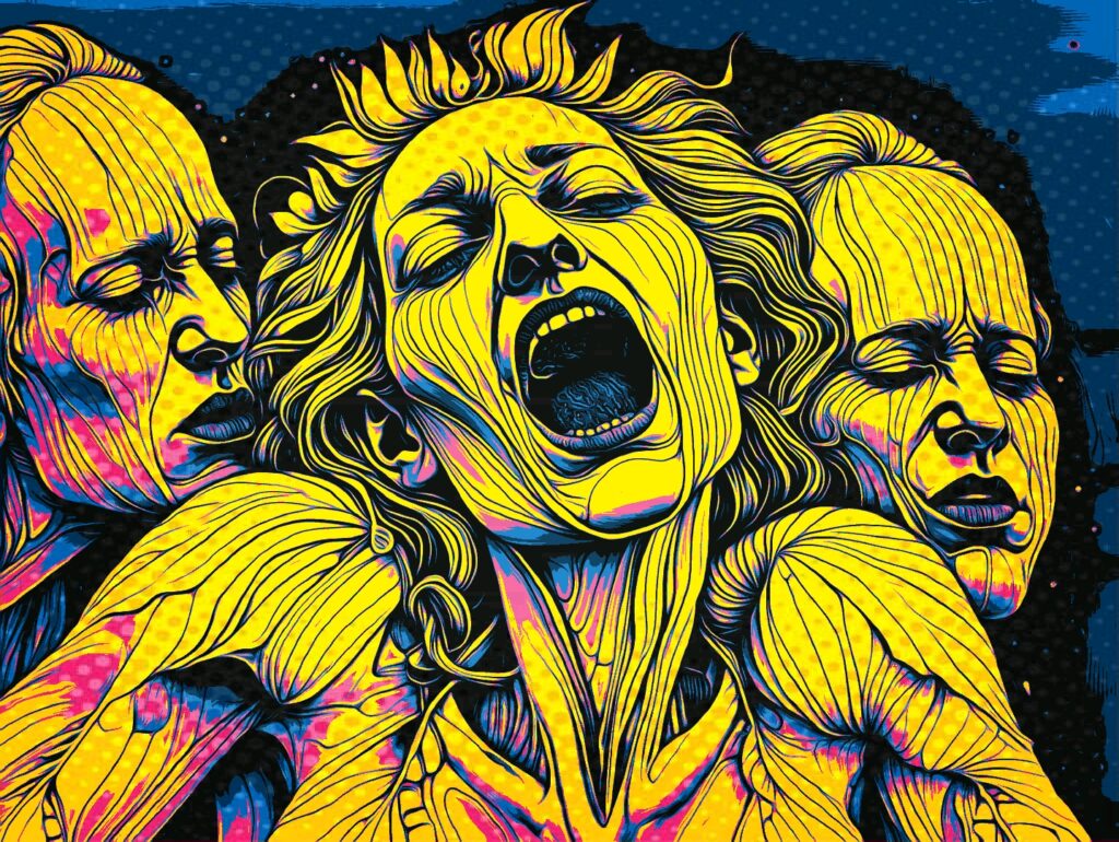 KI-generierte Popart-Illustration von drei Frauenköpfen in Gelb, Blau und Pink, deren Hautstruktur an Blätter erinnert; eine Frau schreit, die anderen haben geschlossene Augen.