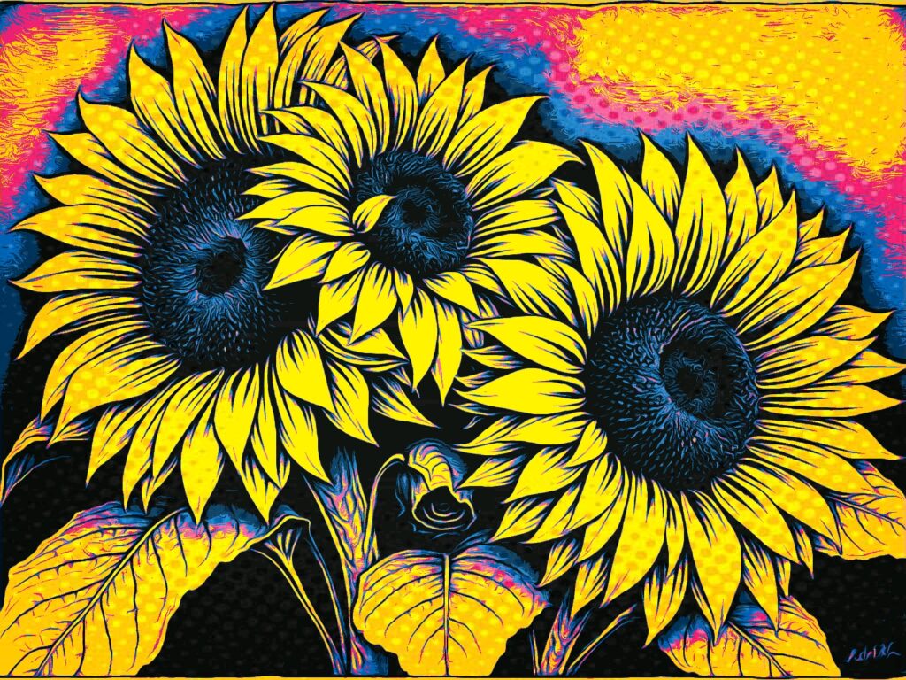 KI-generierte Popart-Illustration von drei gelben Sonnenblumen mit blauen Blütenmitten vor einem farbigen Hintergrund in Blau, Gelb und Rot.