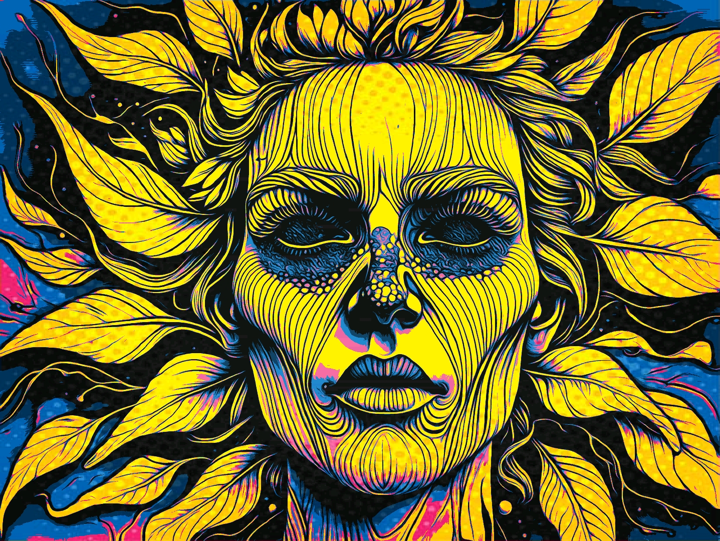 KI-generiertes Popart-Porträt: Frau mit Sonnenblumenmotiven