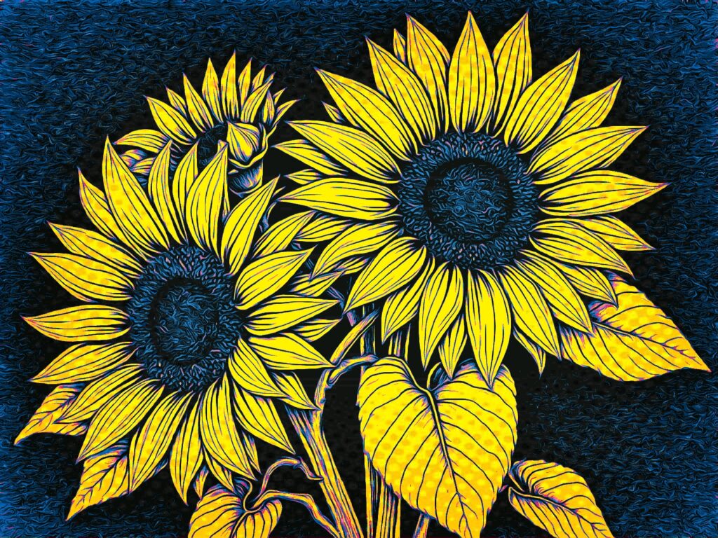 KI-generierte Popart-Illustration von drei großen gelben Sonnenblumen mit blauen Blütenmitten vor dunklem Hintergrund.