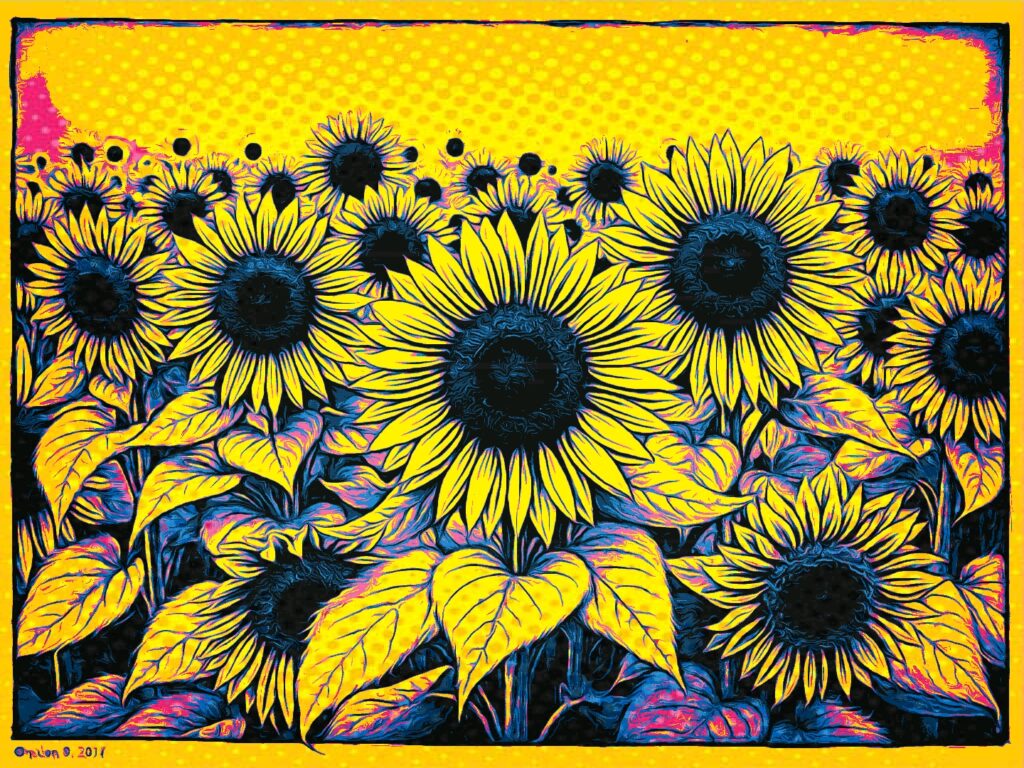 KI-generierte Popart-Illustration eines Sonnenblumenfeldes mit vielen gelben Blüten vor leuchtend gelbem Himmel.