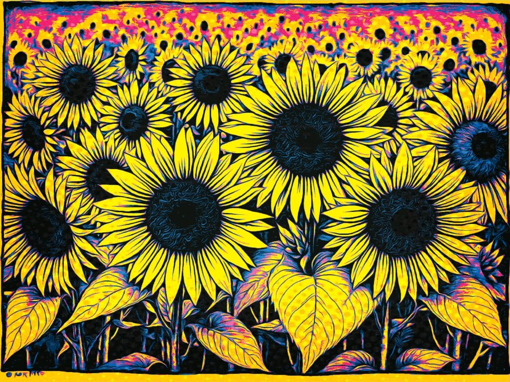 KI-generierte Popart-Illustration eines großen Feldes voller gelber Sonnenblumen mit dunklen Blütenmitten und buntem Hintergrund.