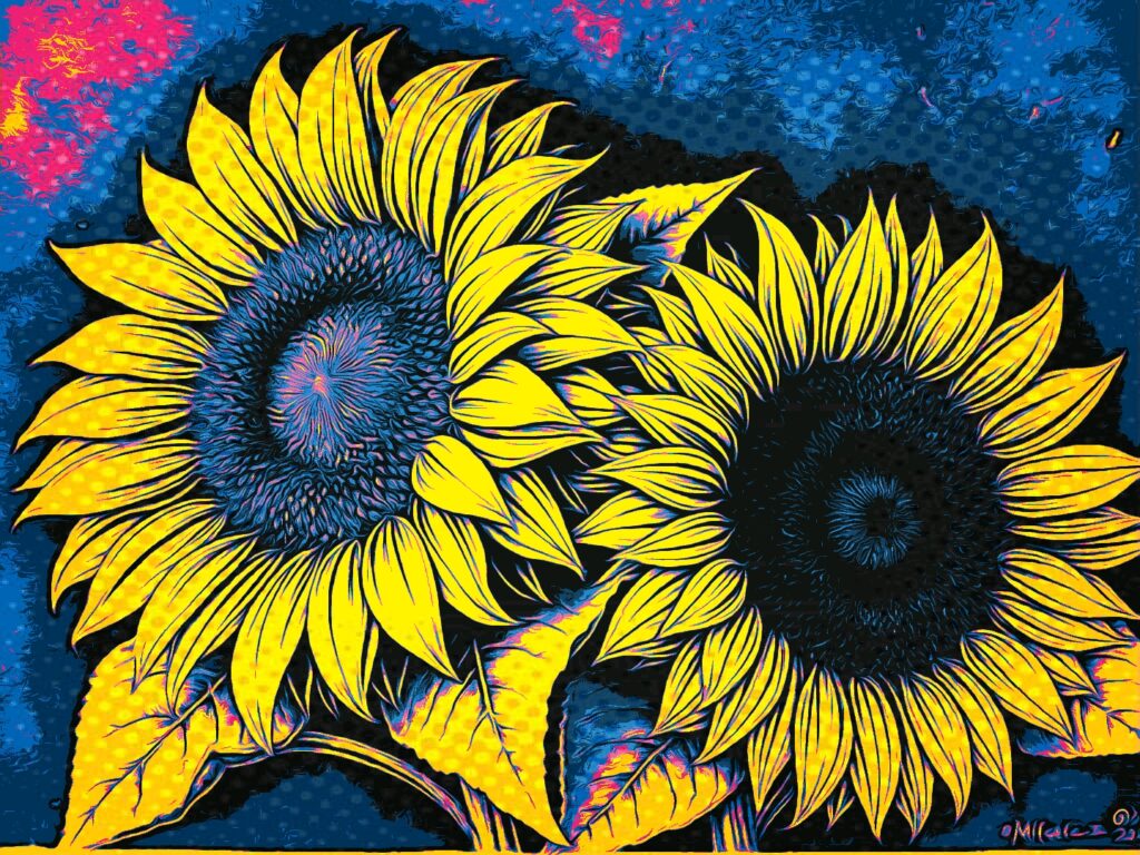 KI-generierte Popart-Illustration von zwei großen gelben Sonnenblumen mit dunklen Blütenmitten vor blau-rotem Hintergrund.