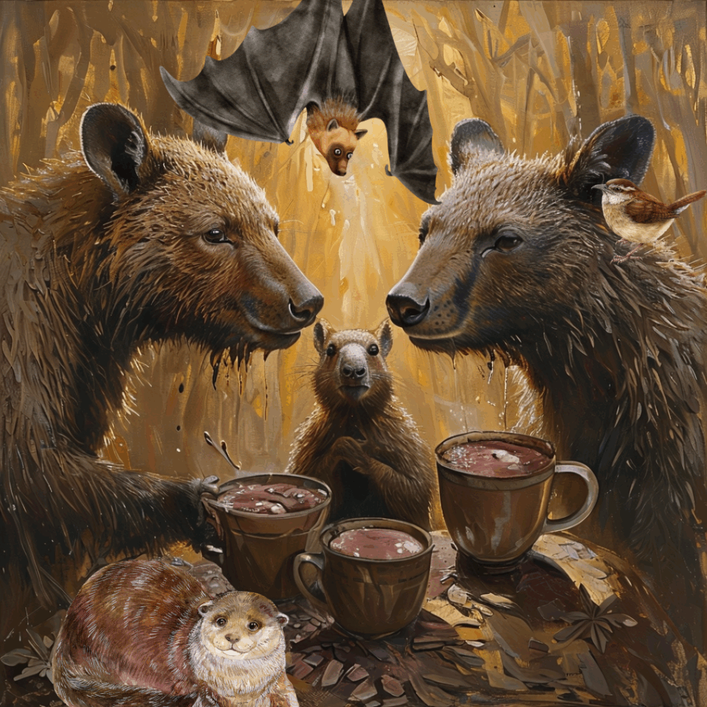 Drei Bären sitzen beisammen und trinken Kakao im herbstlich braunen Wald. Eine Fledermaus hängt von oben herab, ein kleiner Vogel sitzt auf einer Bärenschulter, und ein Otter gesellt sich am Tisch dazu.