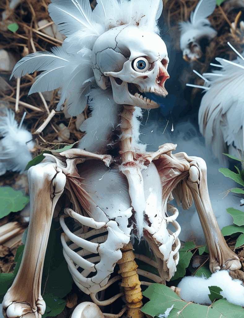 Ein KI-generiertes Skelettwesen mit Vogelfedern am Kopf und Rücken sitzt aufrecht im Laub – halb Mensch, halb Huhn, zwischen Totem und Gespenst.