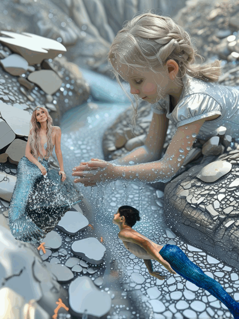 Fantasievolle Szene: Ein blondes Mädchen mit Zopf spielt mit Wasser, daneben eine Meerjungfrau und ein Schwimmer. Die Landschaft ist aus Steinen und Tropfen geformt – aus einer kargen Schotterfläche ist eine lebendige Welt geworden.