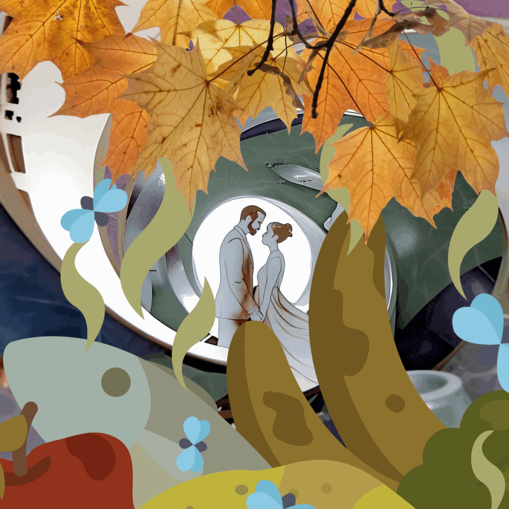 Ein KI-generiertes Bild zeigt ein stilisiertes Paar aus Holz inmitten von Müll und Schrott, umgeben von digital hinzugefügten Herbstblättern, Pflanzen und Äpfeln. Transformation von Wegwerfmaterial in eine poetische Szene.