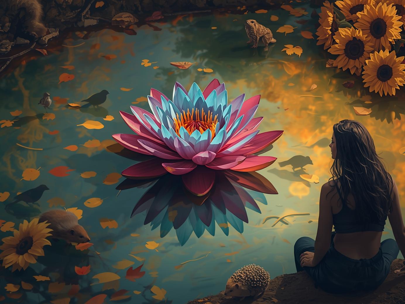 Große Seerose in Magenta, Cyan und Apricot liegt in einem herbstlichen Teich mit Blättern, Sonnenblumen und Tieren. Am Ufer sitzt eine Frau und blickt auf die Szene – Symbolbild für meinen kreativen Rückblick im 3. Quartal 2025.