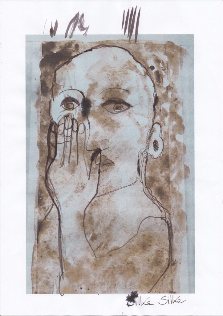 Zeichnung mit Sepiatinte: Ein Gesicht mit offener Stirn und fragendem Blick, eine Hand berührt den Mund, Linien zart und intuitiv, auf erdigem Grund.