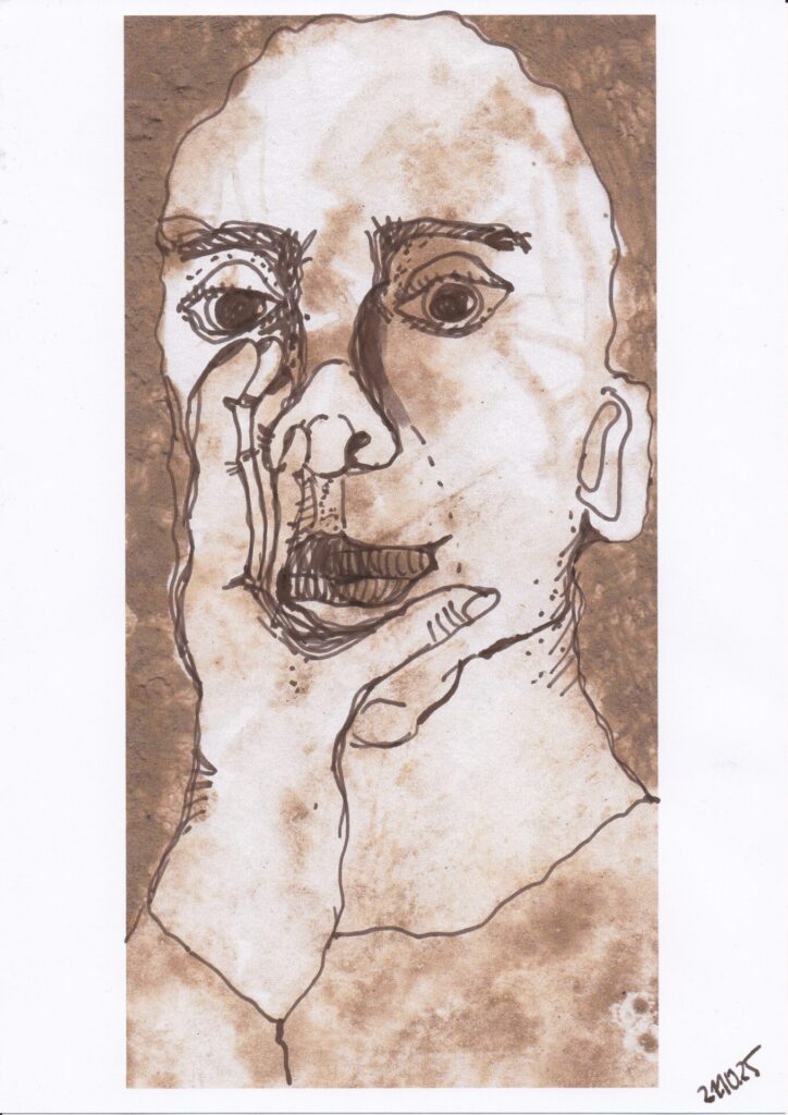 Zeichnung eines intensiven Gesichts mit tiefliegendem Blick, eine Hand formt den Mund, Tinte und Tusche auf strukturierter, brauner Grundierung.